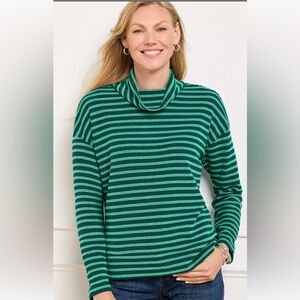NWT Talbots Teal and Aqua Striped Knit Textured Sweater Top SZ PM Cowl Neck